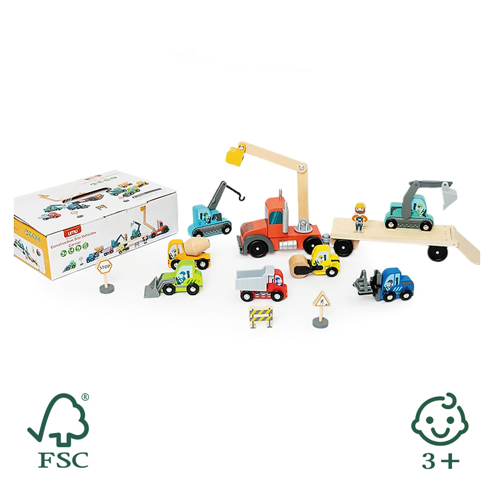 Wood Construction Vehicle Set (14 pieces)