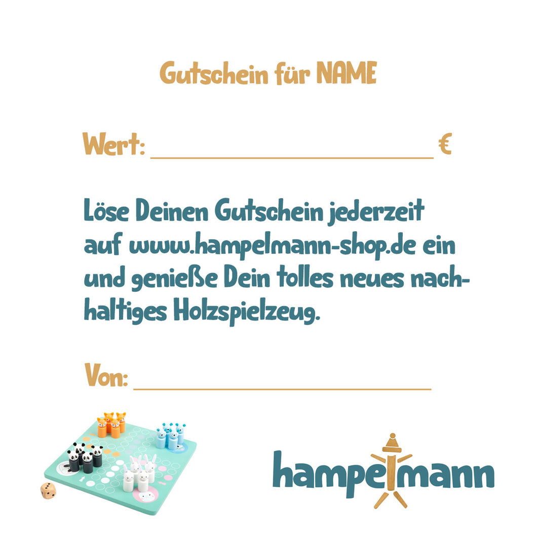 hampelmann Gutschein für Holzspielzeug und Produkte vom hampelmann Shop